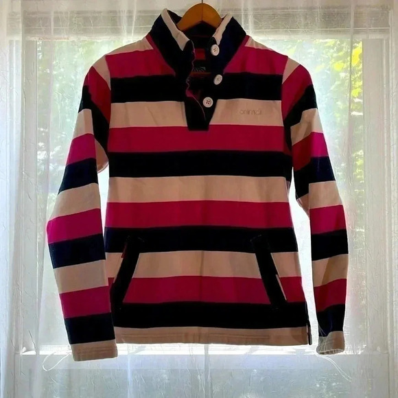 ANIMAL Women’s 8 Medium Cotton Blue Pink Striped Button Quarter Pullover - Picture 2 of 11